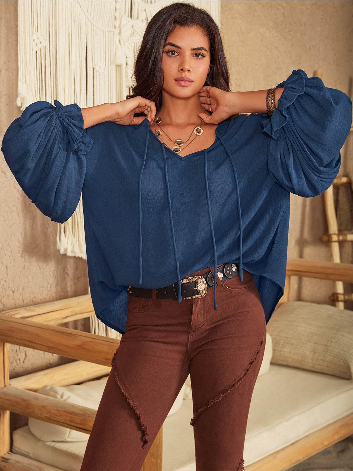 Tie Neck Long Sleeve Blouse Trendsi 1d75655d64bc4225badf2653a0332abc-Max
