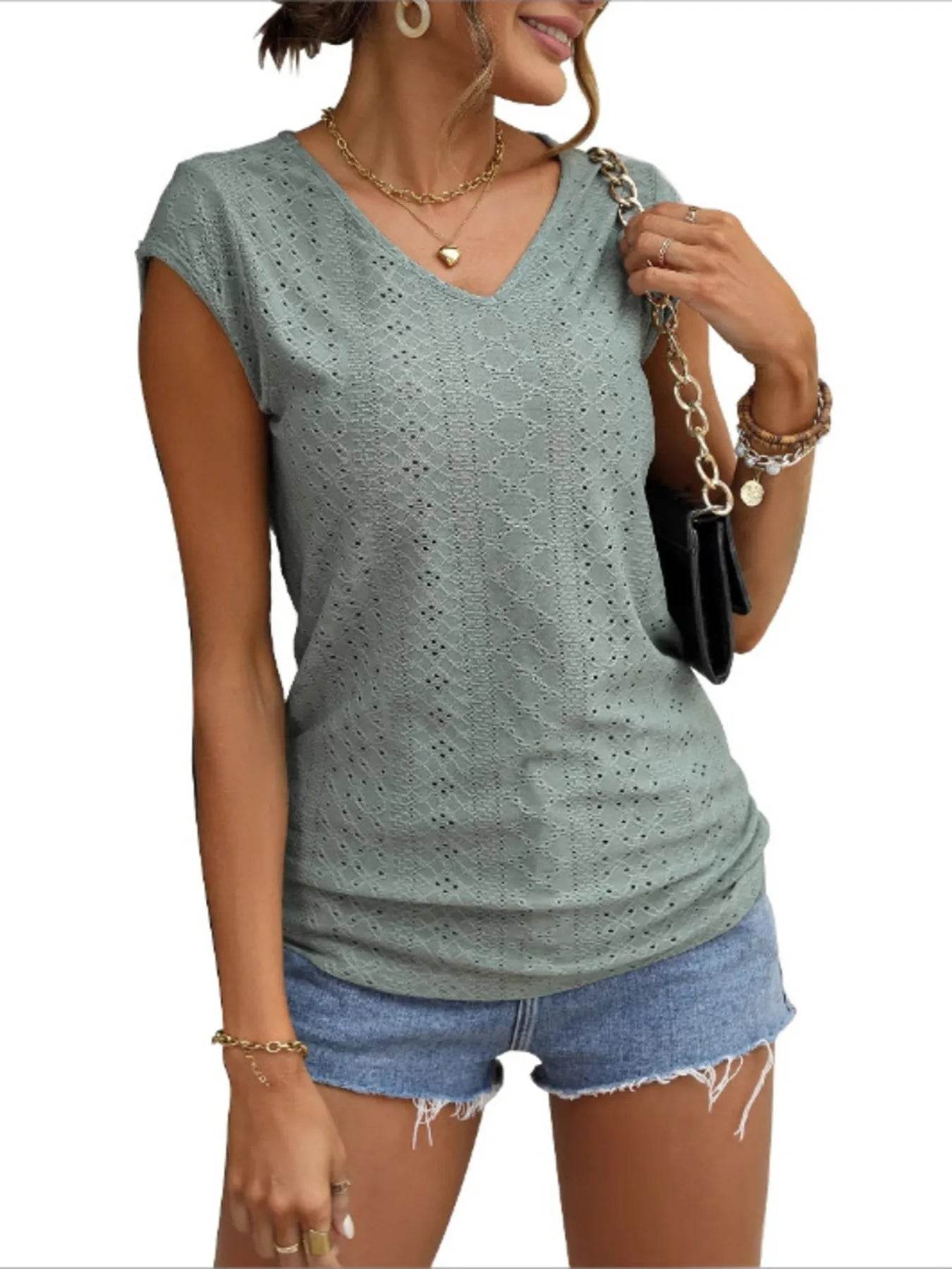 Eyelet V-Neck Cap Sleeve T-Shirt Trendsi 1d83210cb8fa49eead65d54d2461da3a-Max-Origin