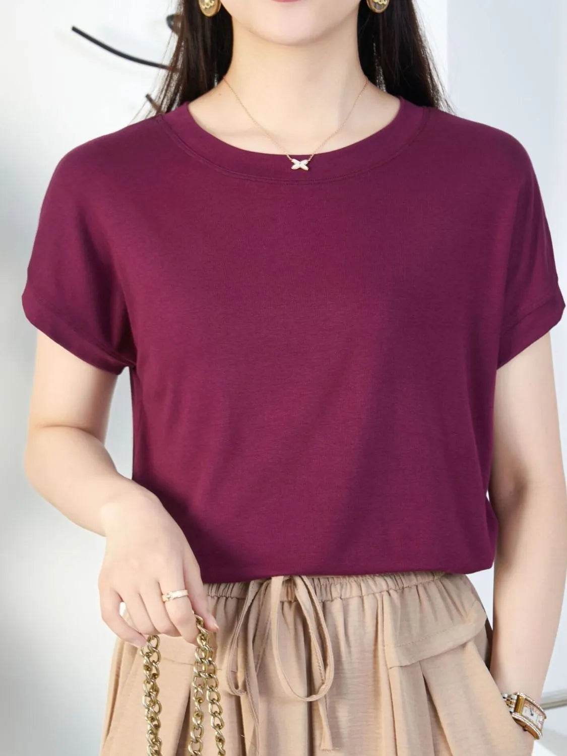 Round Neck Short Sleeve T-Shirt Brown Trendsi 1d8d8482-3915-4605-9133-11f4e09296c3-Max-Origin