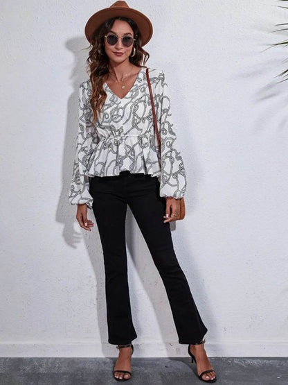 Printed V-Neck Balloon Sleeve Peplum Blouse Trendsi 1db1e38da2d24bc0968cc21c7ab72e54-Max