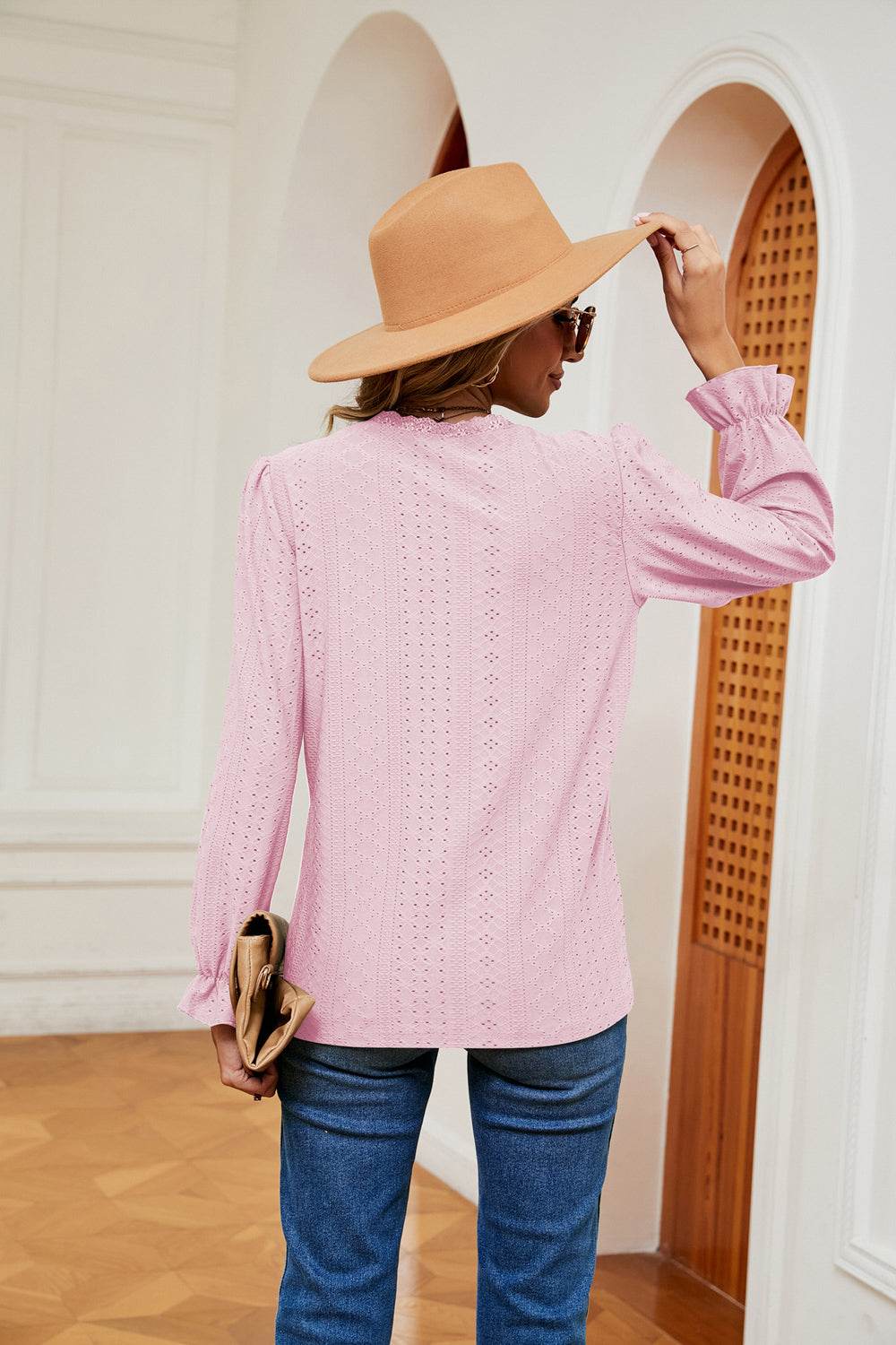 V-Neck Flounce Sleeve Blouse Trendsi 1dc354c416884fc3b7446fc6cbd51e30-Max