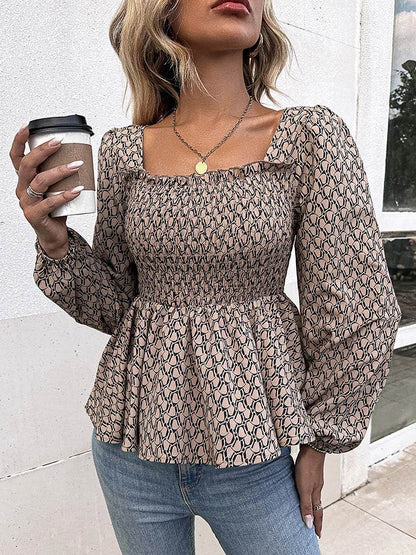 Honey Printed Square Neck Long Sleeve Blouse Mocha Trendsi 1ddd684607ba4821be3f3e64b5d06195-Max