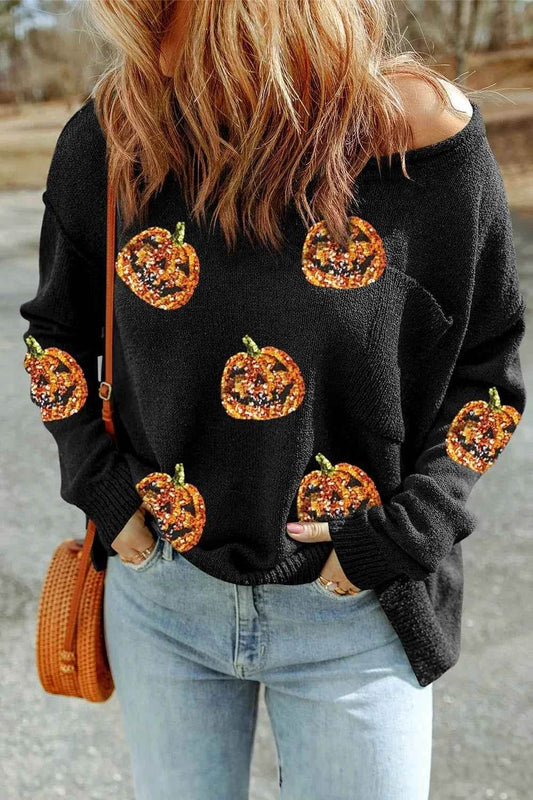 Pumpkin Round Neck Long Sleeve Knit Top Black Trendsi 1de3e512-45cf-443a-b1ac-69e81ce552c6-Max