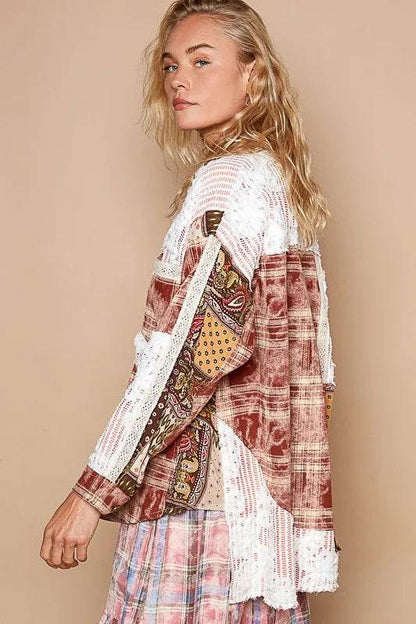 POL Crochet Plaid Patchwork Button Up Shirt Trendsi 1de68f32-ae15-4002-b8fd-9e4b49799a9d-Max