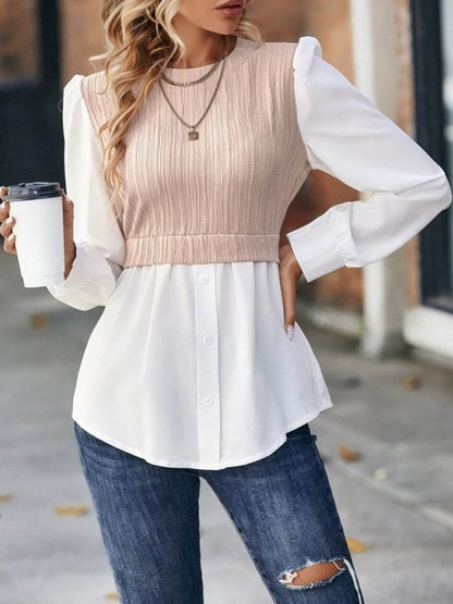 Contrast Round Neck Puff Sleeve Blouse Blush Pink Trendsi 1e0138e5c992406097adc6fac0621889-Max