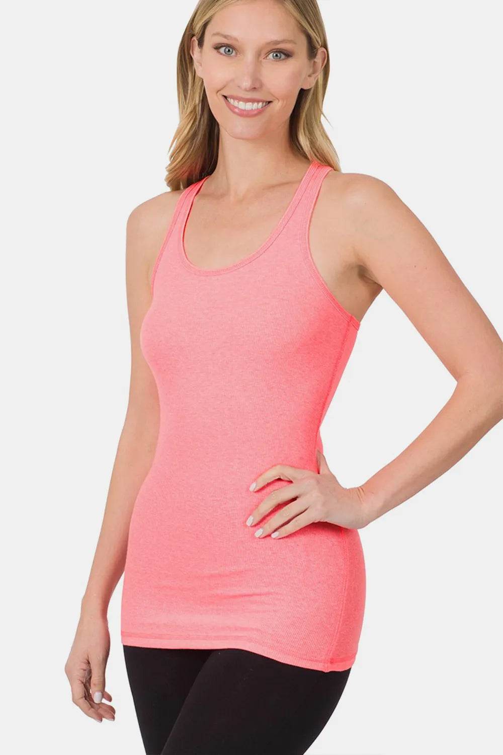 Zenana Stretchy Ribbed Knit Racerback Tank N CORAL PINK Trendsi 1e191efd-5e9d-4635-9689-58a505f77a99-Max