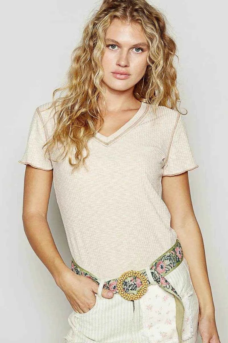 POL V-Neck Short Sleeve Ribbed T-Shirt with Contrast Overlock Stitching ALMOND Trendsi 1e355af9-c873-49d5-a6c9-65c41e29205d-Max-Origin