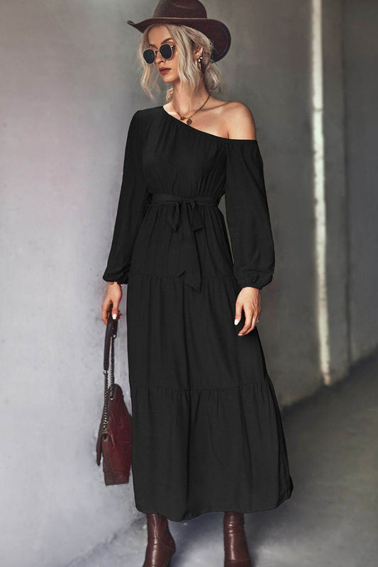 Belted One-Shoulder Tiered Maxi Dress Black Trendsi 1e50f51241d64eeaa6a727116d81f6e5-Max