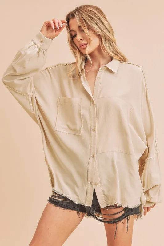 Aemi + Co Raw Edge Exposed Seam Collared Neck Long Sleeve Shirt Oatmeal Trendsi 1e52a89d-192b-4876-b46b-10ca2f372e6f-Max