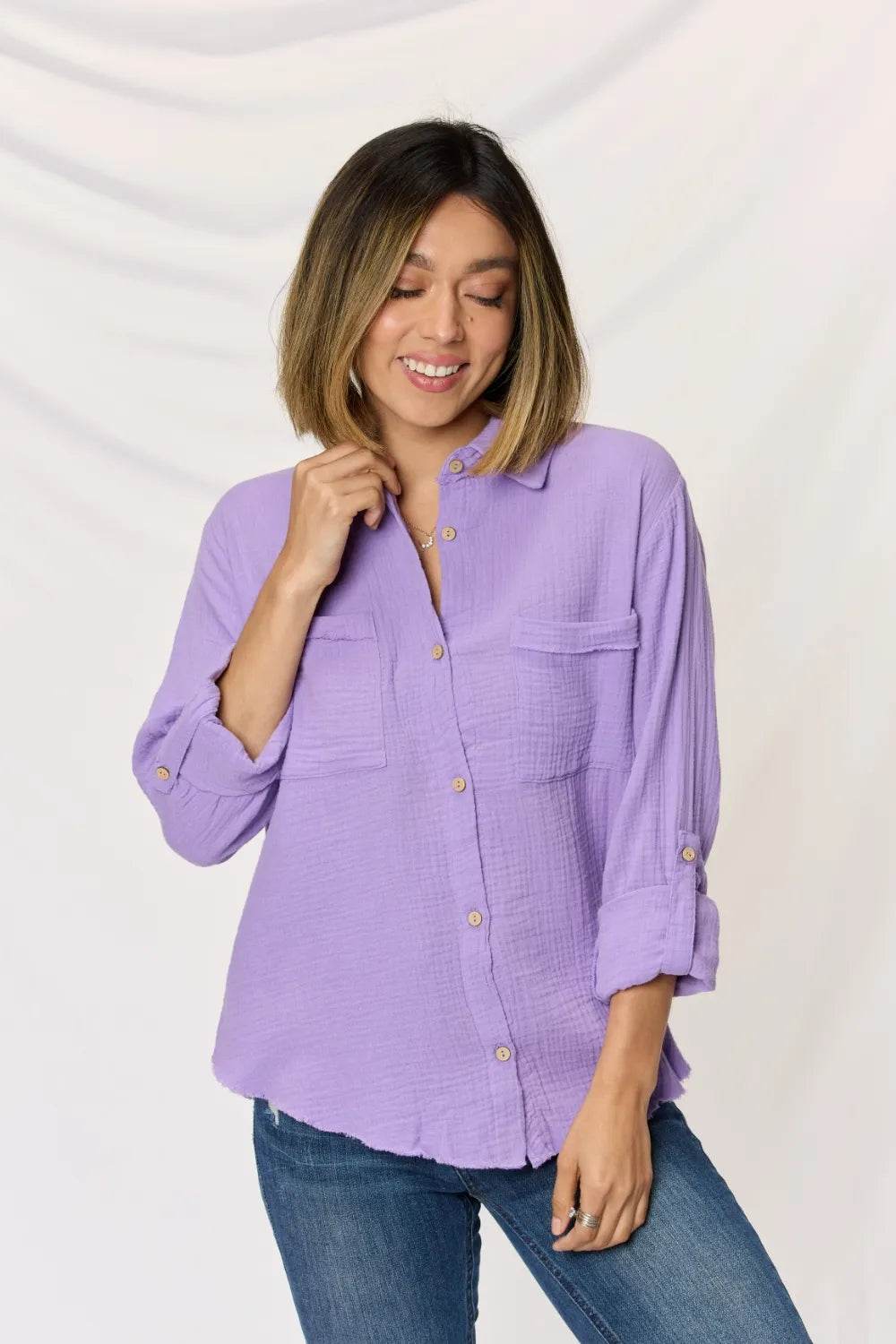 Zenana Texture Button Up Raw Hem Long Sleeve Shirt Trendsi 1e8b39f1-d872-442b-8646-102c9825ba55-Max