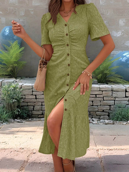 Eyelet Button Front V-Neck Midi Dress Trendsi 1e94c0d2-11cc-4599-932c-5946de47d003-Max-Origin