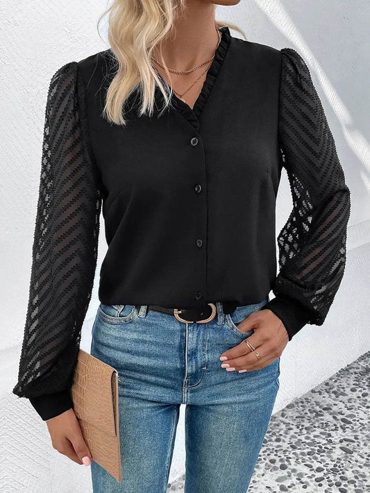 Perfee Mesh V-Neck Button Front Blouse Black Trendsi 1eb647e0093546158eeaf72eb651b74e-Max