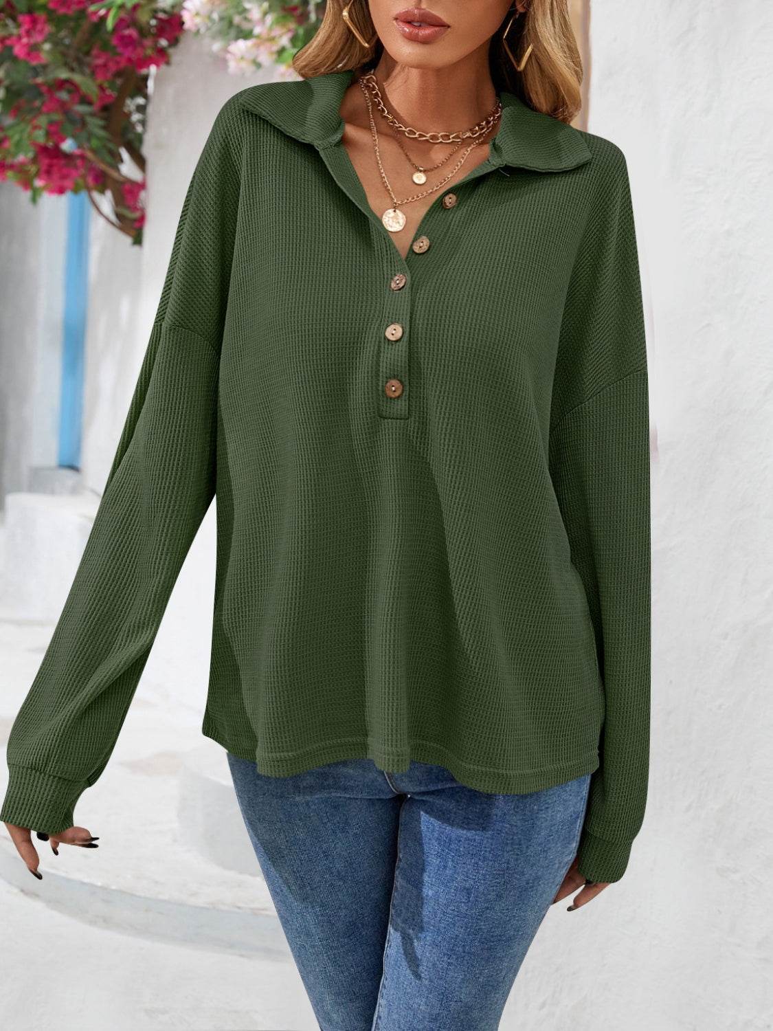 Half Button Collared Neck Long Sleeve Top Trendsi 1ec0c14b675f49d4a0005d92015467a8-Max