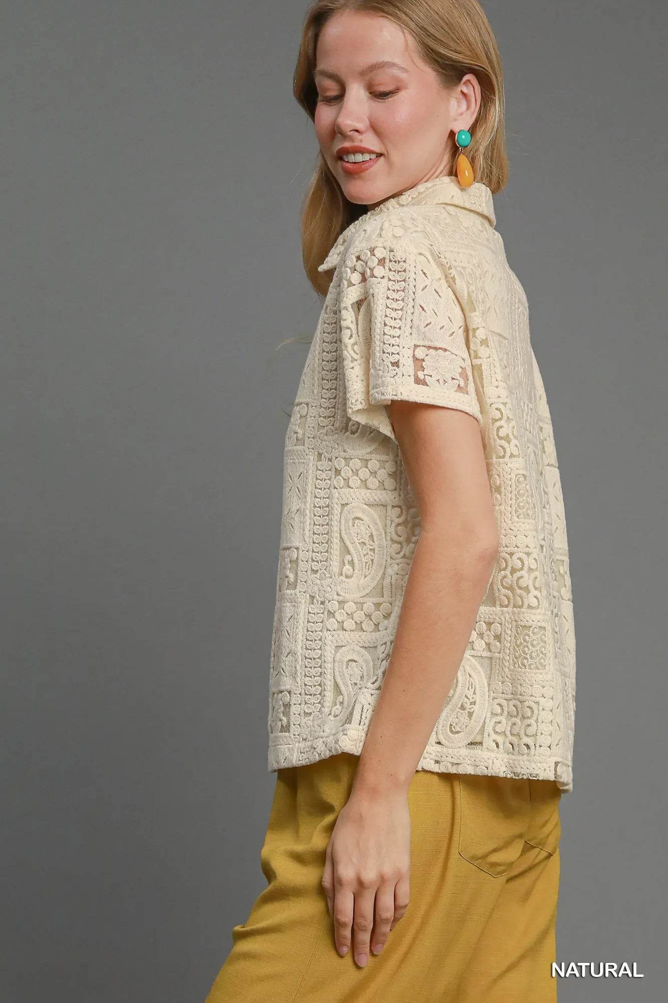 Umgee Patch Lace Short Sleeve Button Down Shirt Trendsi 1eefb347-1814-47ec-8484-3d85ab10065c-Max-Origin