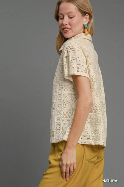 Umgee Patch Lace Short Sleeve Button Down Shirt Trendsi 1eefb347-1814-47ec-8484-3d85ab10065c-Max-Origin