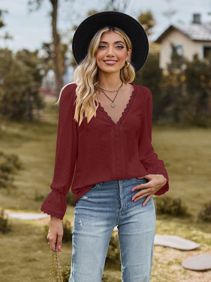 V-Neck Flounce Sleeve Blouse Wine Trendsi 1f0fbdd929b94d6bbe217be44347848a-Max