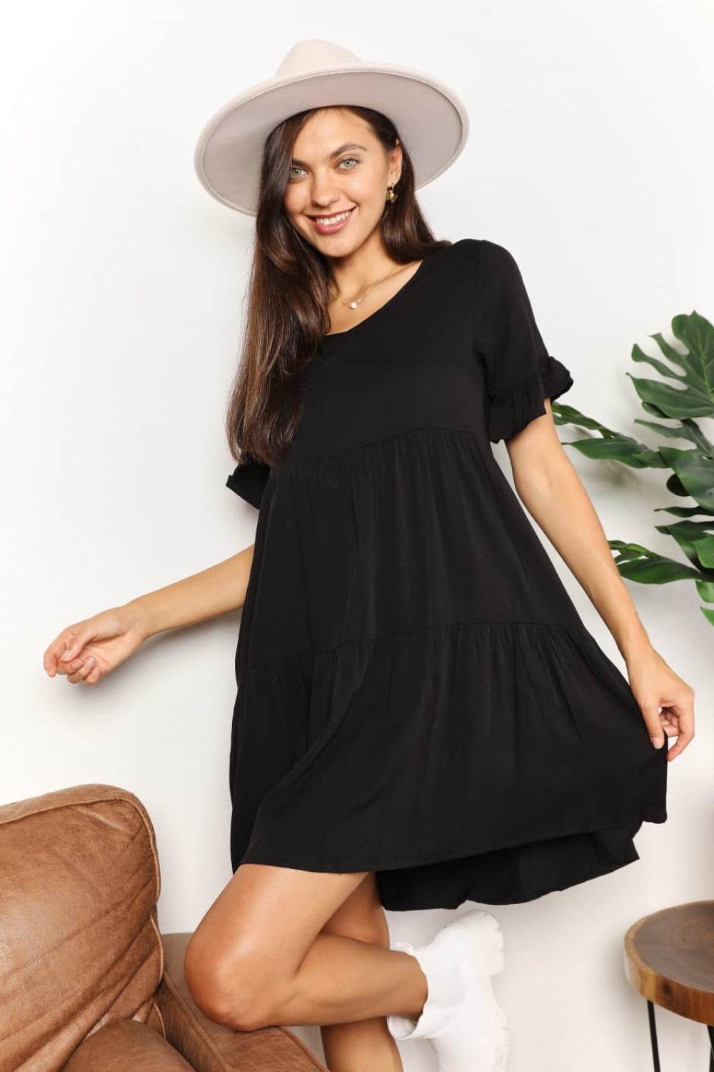 Mandy V-Neck Flounce Sleeve Tiered Dress Black Trendsi 1f1119d1649b45ab92d9ae65d88d1058-Max