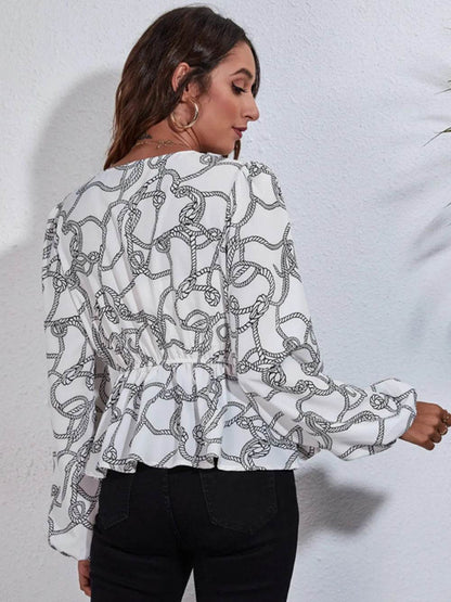 Printed V-Neck Balloon Sleeve Peplum Blouse Trendsi 1f233fd3080e45279eb2570a895088fb-Max