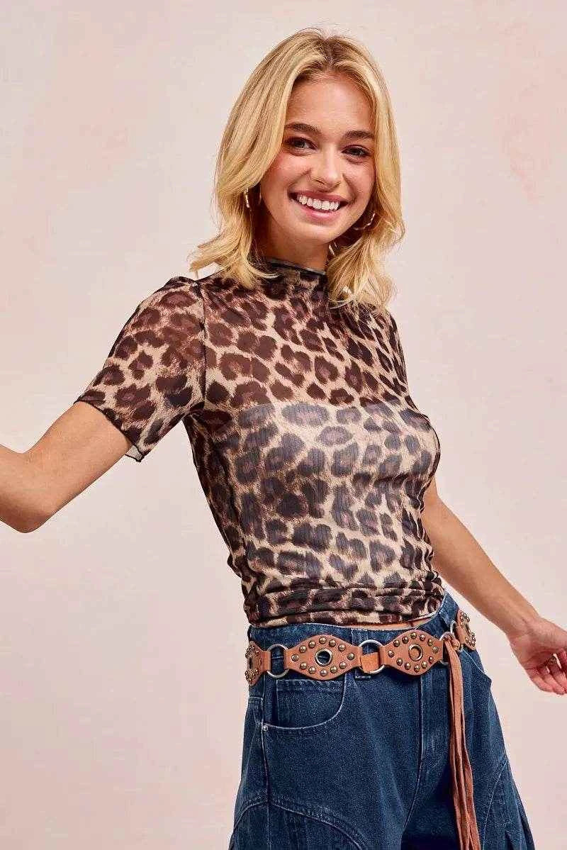 BiBi High Neck Leopard Mesh Short Sleeves Top Trendsi 1f30fe75427942aca45dd9f7c56c6c6f-Max-Origin