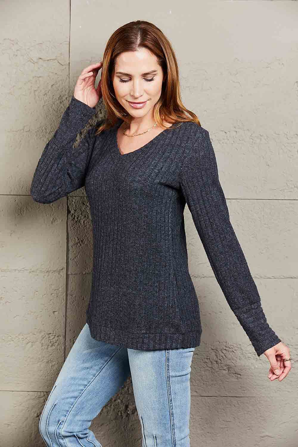Mandy V-Neck Long Sleeve Ribbed Top Trendsi 1f36d33d9d5c43e1937712c23b8bd2fb-Max