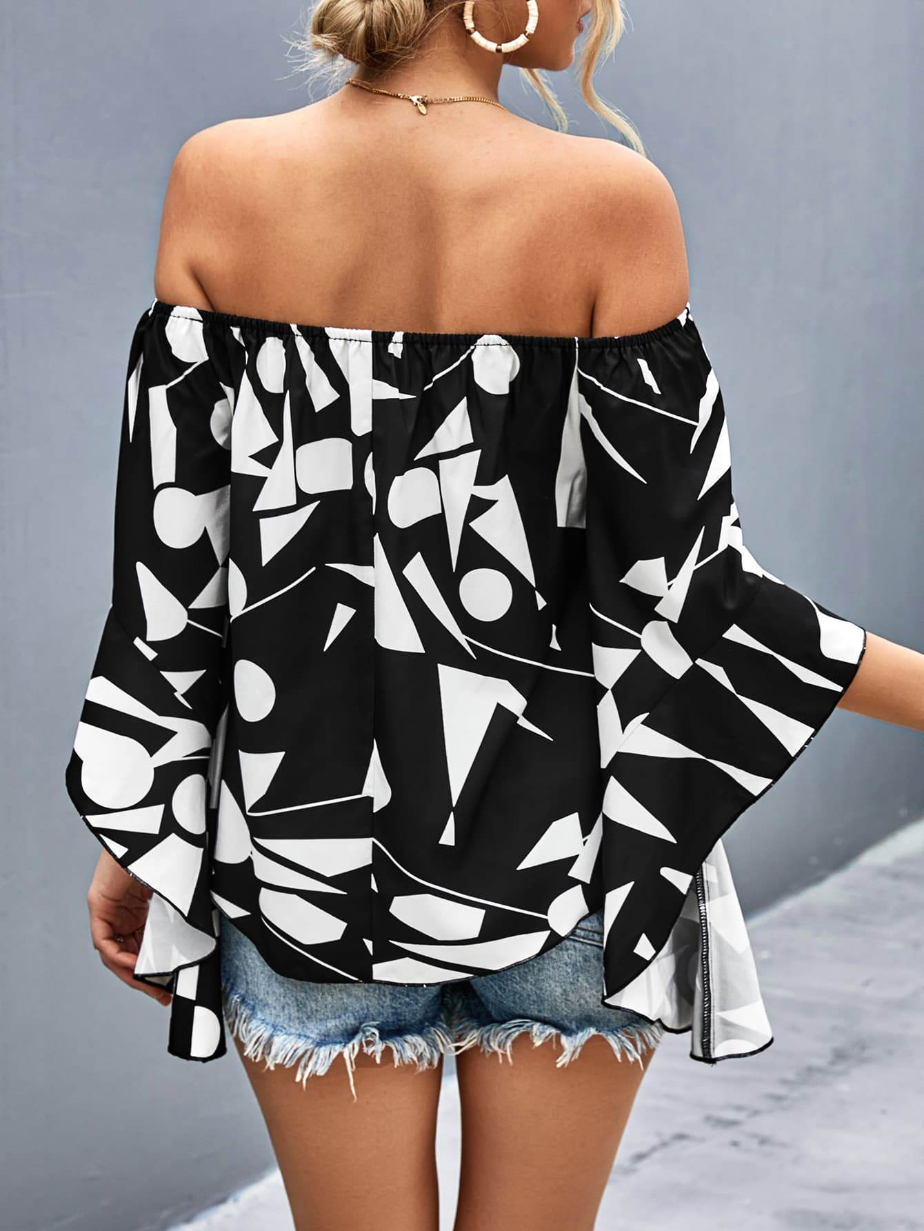 Printed Off-Shoulder Bell Sleeve Blouse Trendsi 1f395cd417764387945d54851149917f-Max