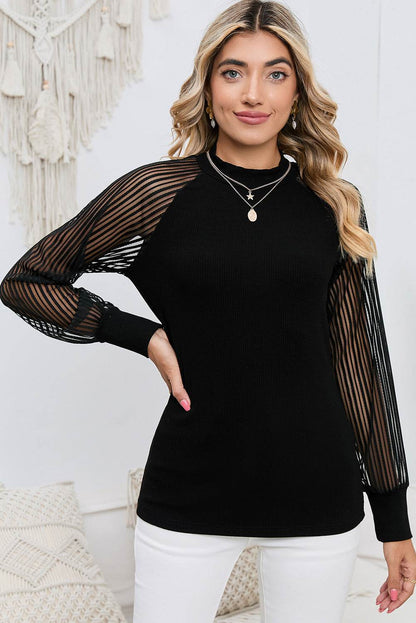 Round Neck Semi-Sheer Sleeve Blouse Black Trendsi 1f57c00daf234ed9b6ffe1bd4c0f8219-Max