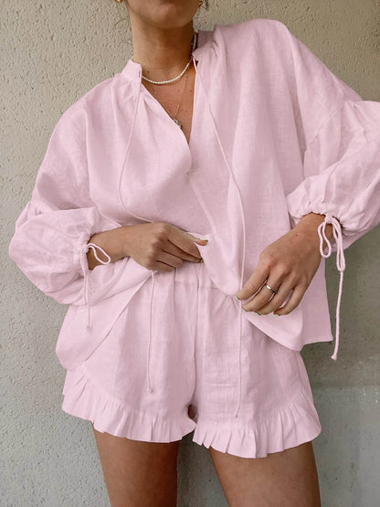 Tie Neck Balloon Sleeve Blouse and Shorts Set Trendsi 1f654c69f7d24ec99a9c86810c91f3b2-Max-Origin