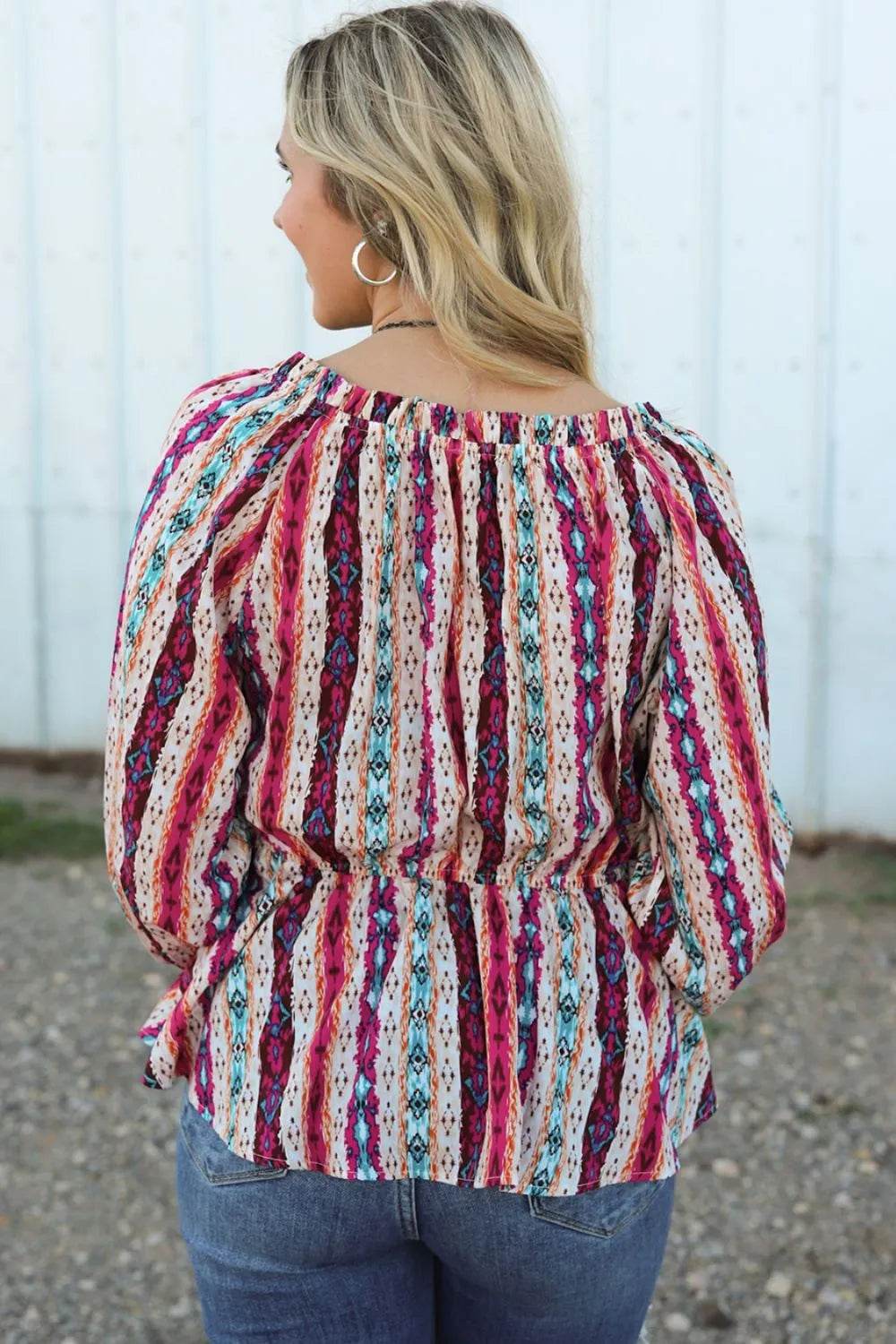 Multicolour Western Print Split Neck Peplum Blouse Trendsi 1f7c5d4b3ada444dbb163e3dbb3da122-Max
