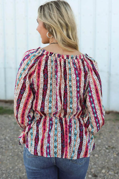 Multicolour Western Print Split Neck Peplum Blouse Trendsi 1f7c5d4b3ada444dbb163e3dbb3da122-Max