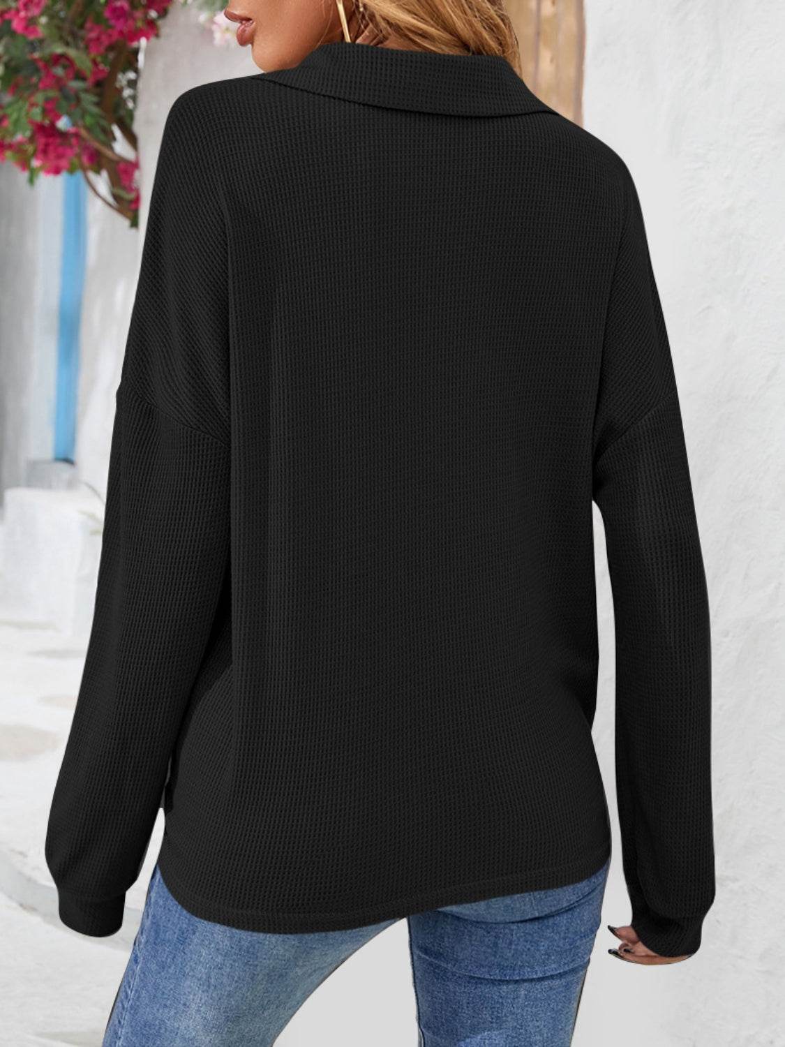 Half Button Collared Neck Long Sleeve Top Trendsi 1f937c2750974bae815b66c94376a557-Max