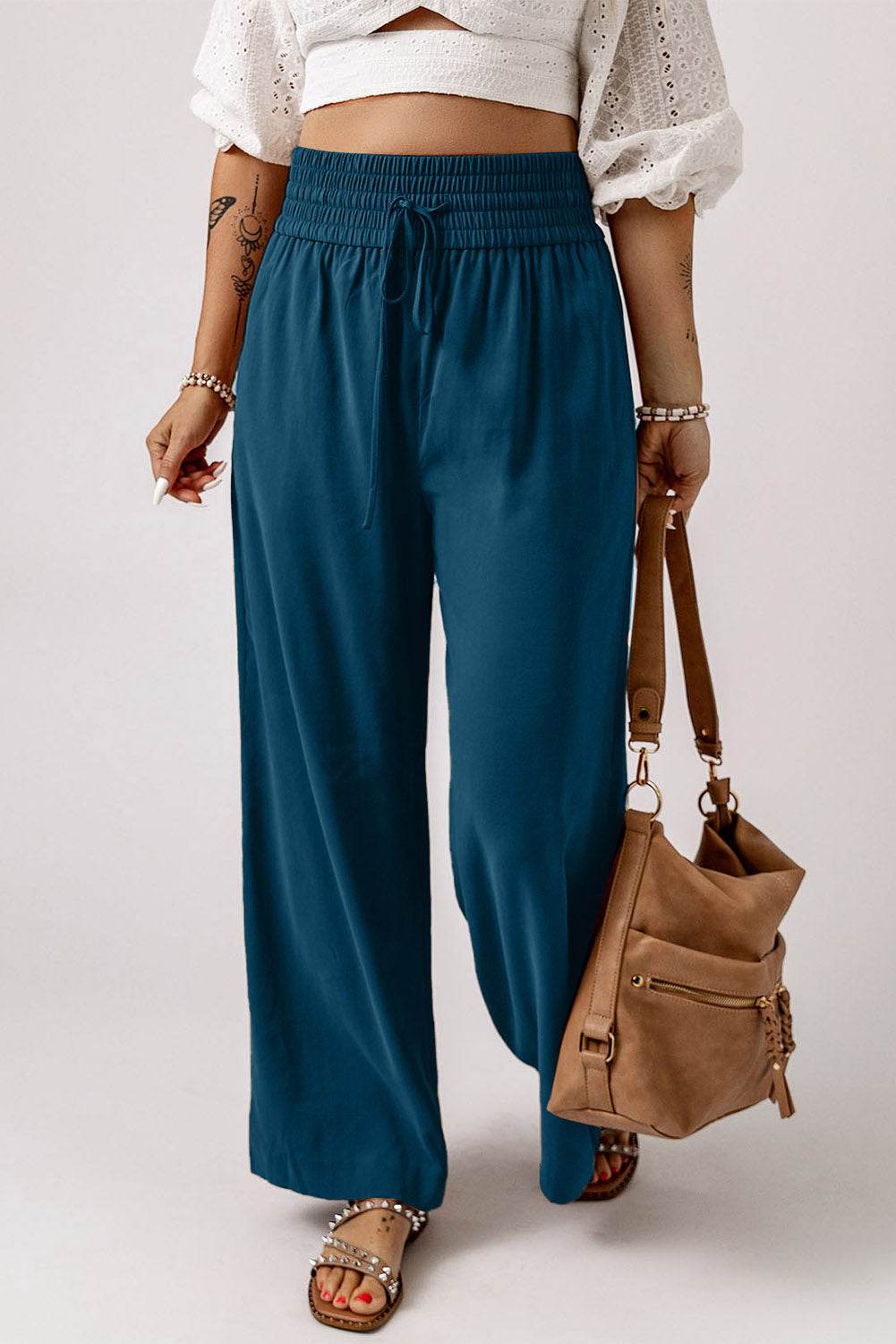 Drawstring Smocked Waist Wide Leg Pants Trendsi 1fd0d916477740e2824c9fee1e9d7f8f-Max