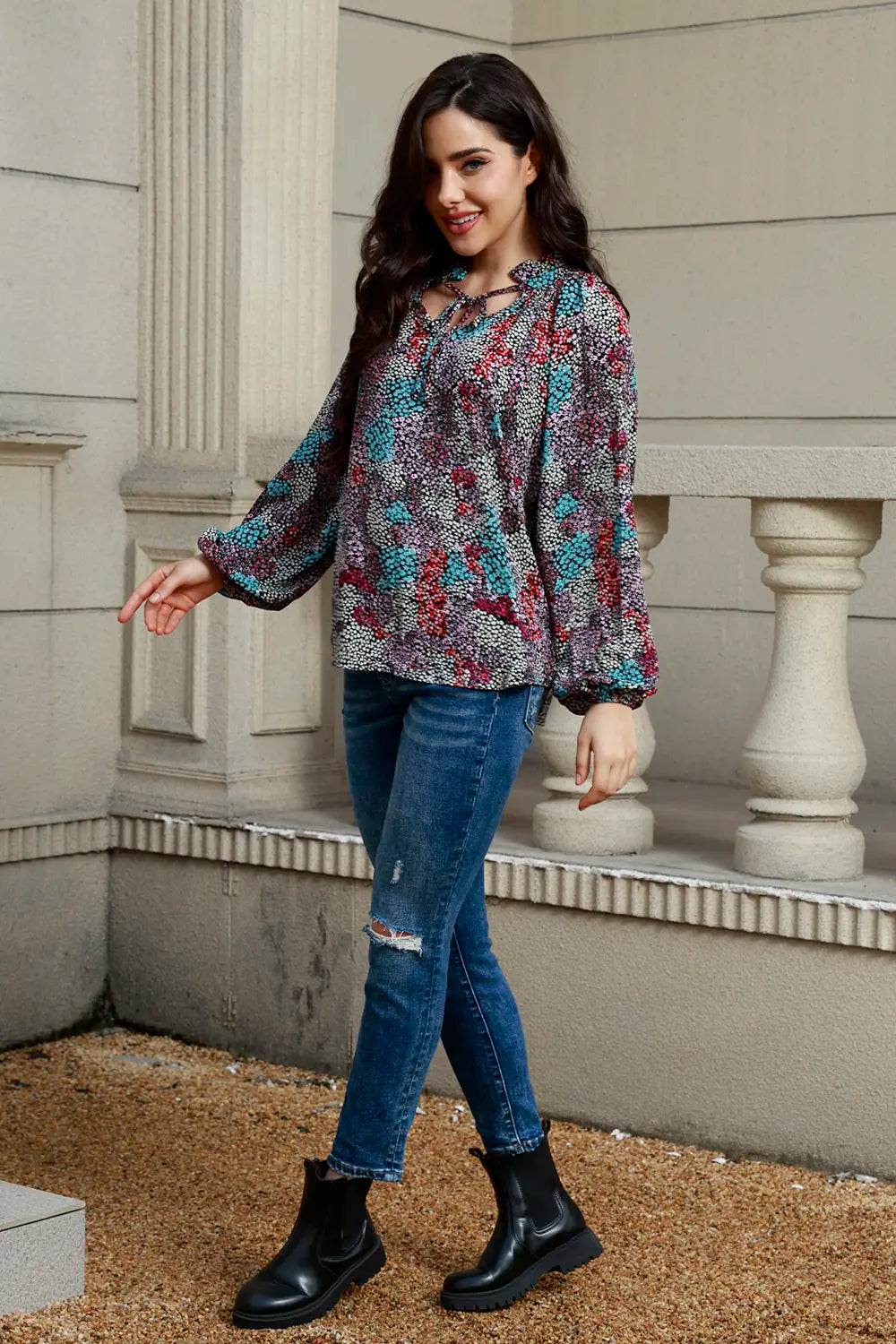 Tie Neck Heathered Balloon Sleeve Blouse Trendsi 1fe5a4c8e382472ca807cdde2fd29f3e-Max