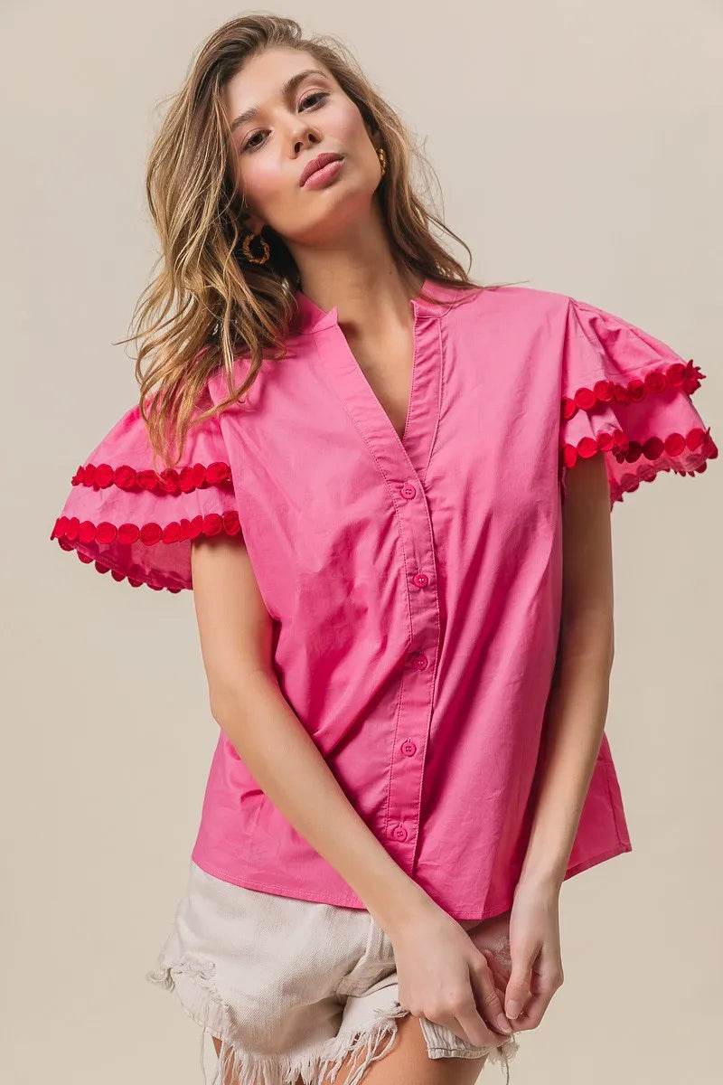 BiBi Dot Trim Flutter Sleeve Notched Top Trendsi 201876fbbe65465fbc4c49033fdff265-Max-Origin