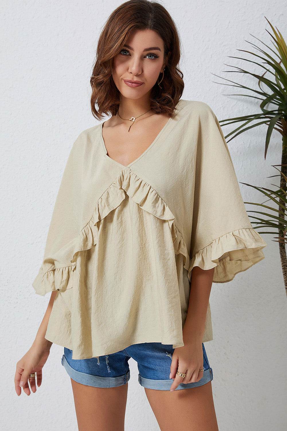 Ruffled V-Neck Half Sleeve Blouse Trendsi 2020634e84d248f0bb13ddb07f0669c5-Max
