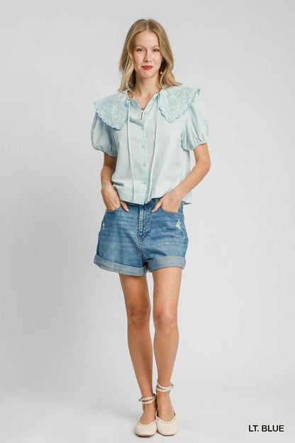 Umgee Tied Collared Short Sleeve Button Down Shirt Trendsi 204301a2-18ba-4b1b-bff3-d432ffe8bb37-Max-Origin