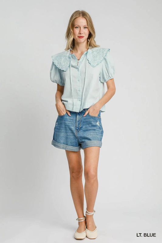Umgee Tied Collared Short Sleeve Button Down Shirt Trendsi 204301a2-18ba-4b1b-bff3-d432ffe8bb37-Max-Origin