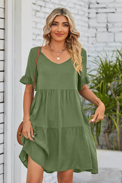 Mandy V-Neck Flounce Sleeve Tiered Dress Army Green Trendsi 204a0d094d1b4516903efb0841fc4a20-Max
