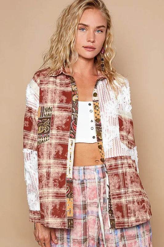POL Crochet Plaid Patchwork Button Up Shirt Red Multicolor Trendsi 20651708-2993-45a5-b576-29abd126c6ea-Max