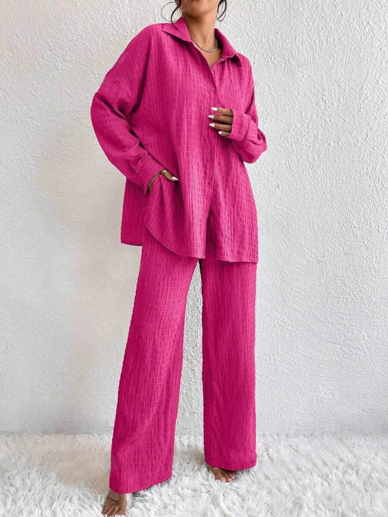 Button Up Long Sleeve Shirt and Pants Set Hot Pink Trendsi 207cb572263d4caa9e6728660c331e6a-Max-Origin