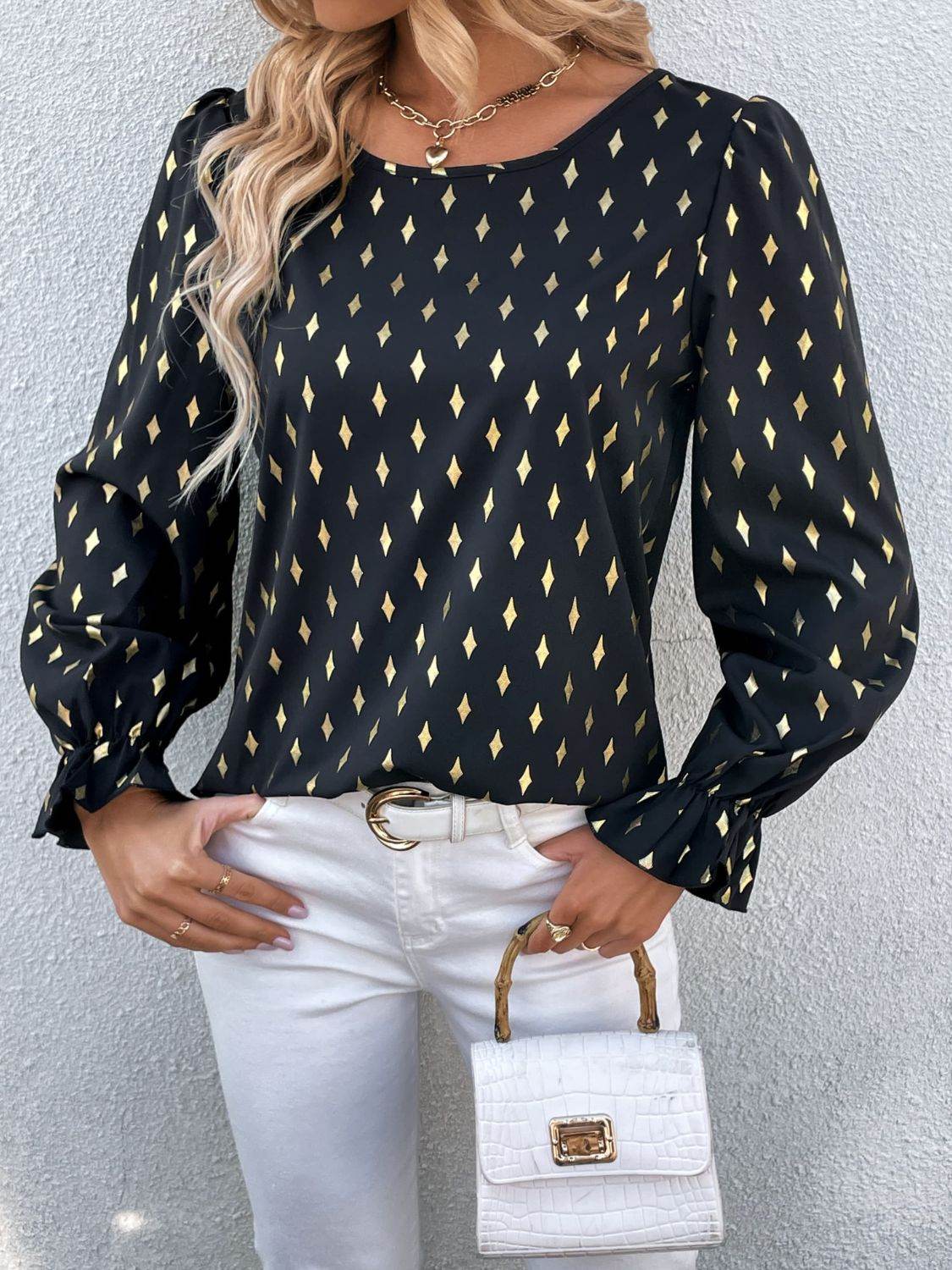 Perfee Printed Round Neck Flounce Sleeve Blouse Trendsi 207d4f863bbd4517ab8515f509463112-Max