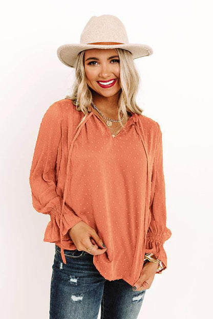 Swiss Dot Tie Neck Flounce Sleeve Blouse Orange Trendsi 2080f221208d446189771f5ac46358fe-Max