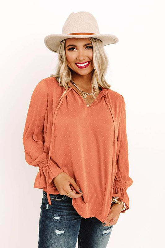 Swiss Dot Tie Neck Flounce Sleeve Blouse Orange Trendsi 2080f221208d446189771f5ac46358fe-Max
