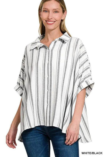 Zenana Woven Yarn-Dye Stripe Oversized Button Down Shirt WHITE BLACK Trendsi 2088b88b6c9e408096314353311d0b24-Max-Origin
