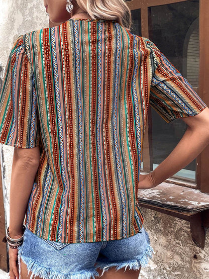 Shiny Printed V-Neck Button-Up Short Sleeve Top Trendsi 20a1b185d49a4d3eb236e2d8020d79f0-Max