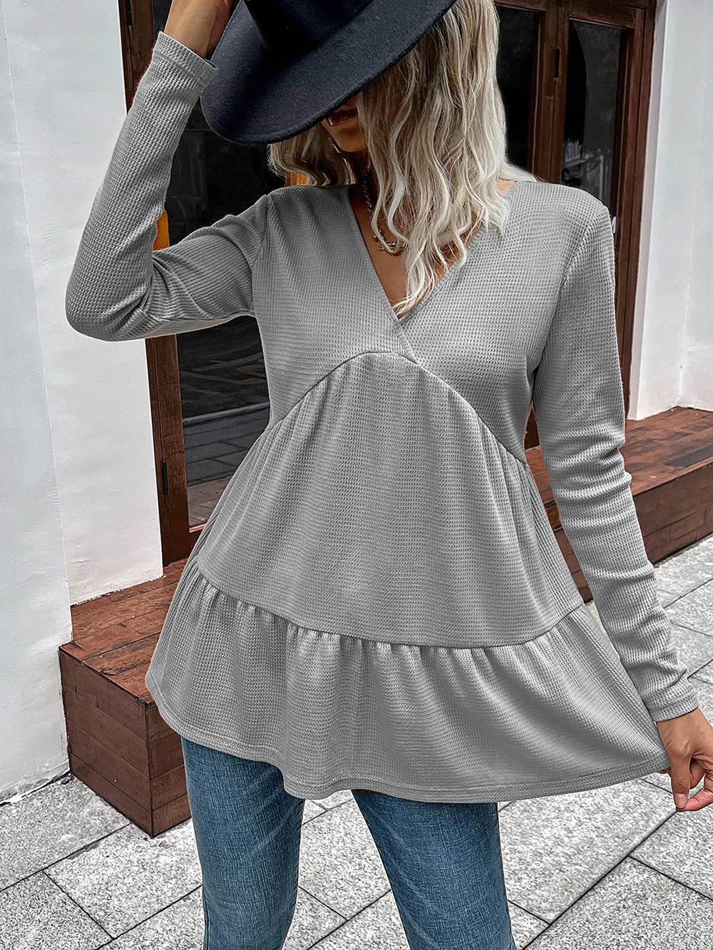 Ivy Lane Waffle-Knit V-Neck Long Sleeve Blouse Trendsi 20e33ddacacf4752b56e14c353f8e033-Max