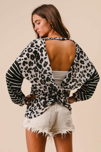 BiBi Leopard Hacci Knit Twist Back Top With Stripe Sleeve Trendsi 20ed70e9de464ba5ad01dfc91238068f-Max-Origin