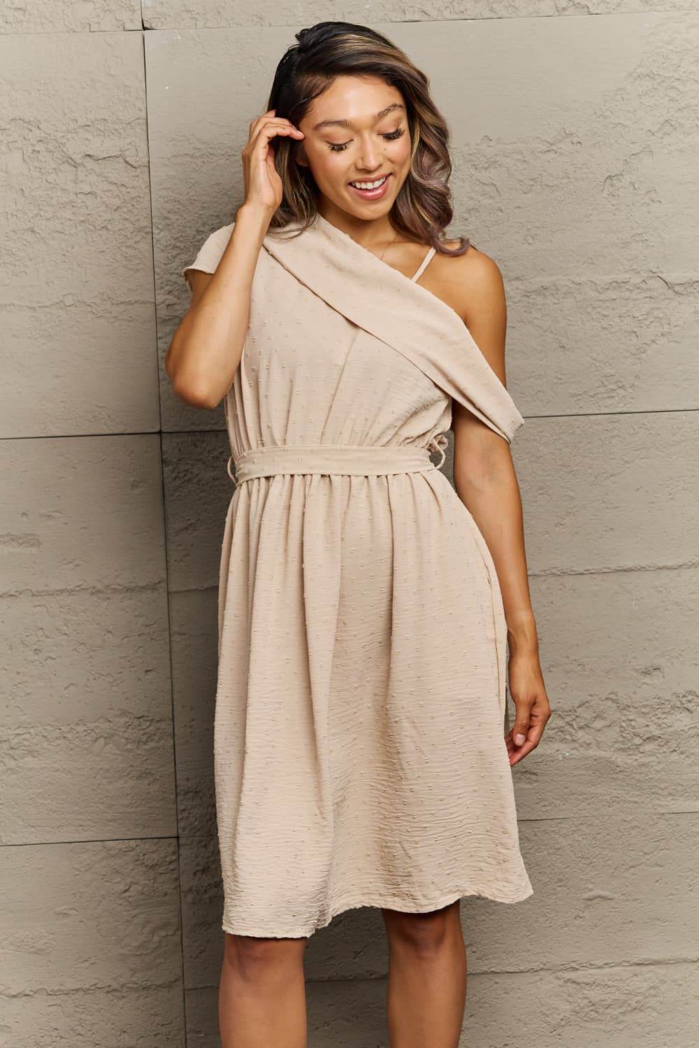 Perfee Swiss Dot Asymmetrical Neck Dress Apricot Trendsi 20fe6c8afe454259ba9d3bc1a6920be2-Max