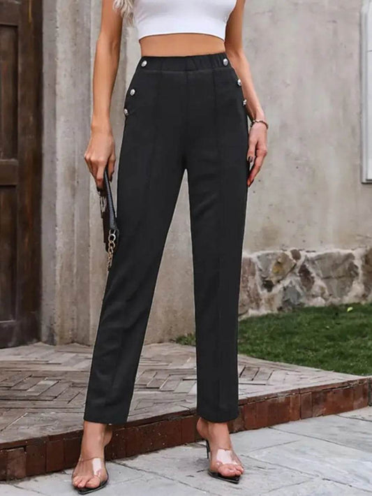 Decorative Button Elastic Waist Pants Black Trendsi 2102ed53-aa06-4ecf-8b5e-d2a231c3b581-Max