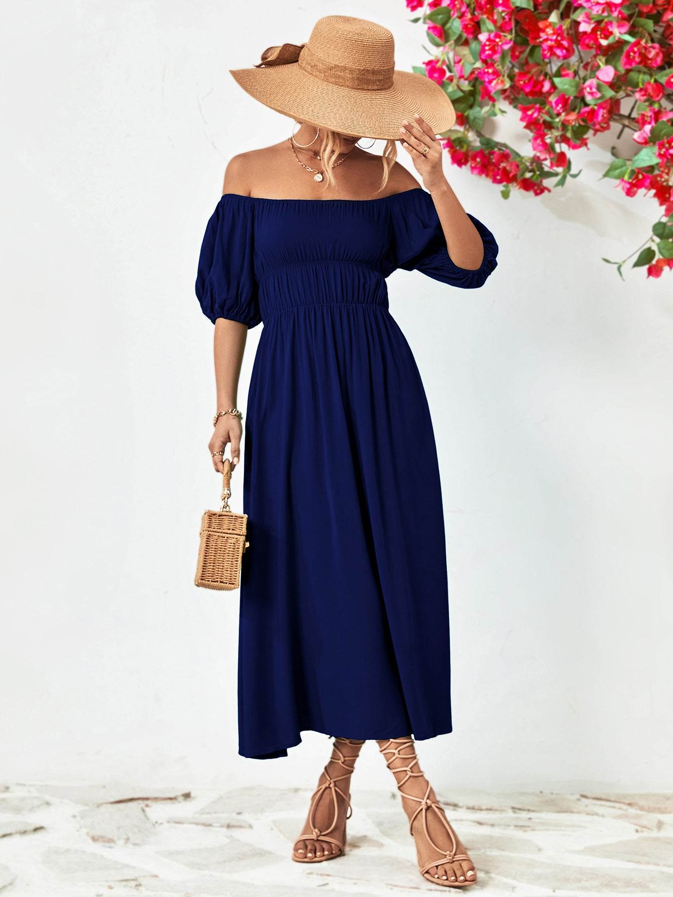Off-Shoulder Balloon Sleeve Midi Dress Dark Blue Trendsi 211a476b7bd24ae5ac31022fd939fcf1-Max