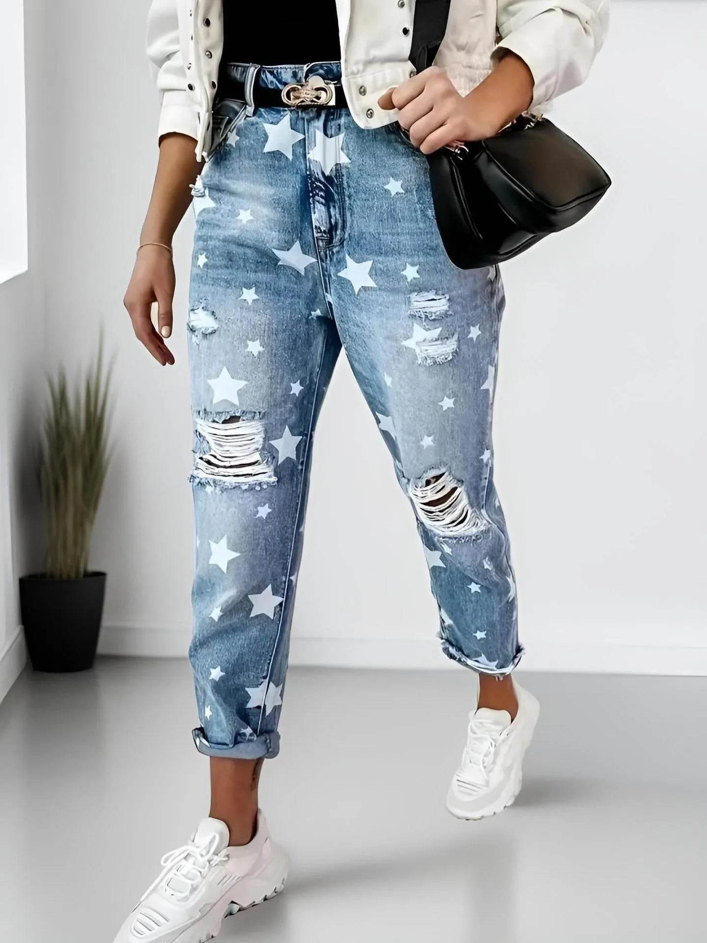 Star Print Distressed High Waist Boyfriend Jeans Trendsi 2121f258494449b39e913f782c54c19a-Max-Origin